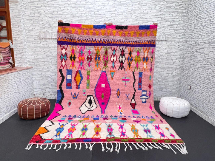 pink handmade moroccan berber rug with geometric tribal patterns in wool