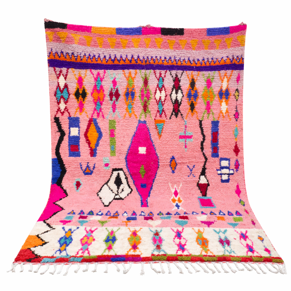 pink handmade moroccan berber rug with geometric tribal patterns in wool
