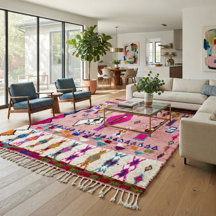 pink handmade moroccan berber rug with geometric tribal patterns in wool

