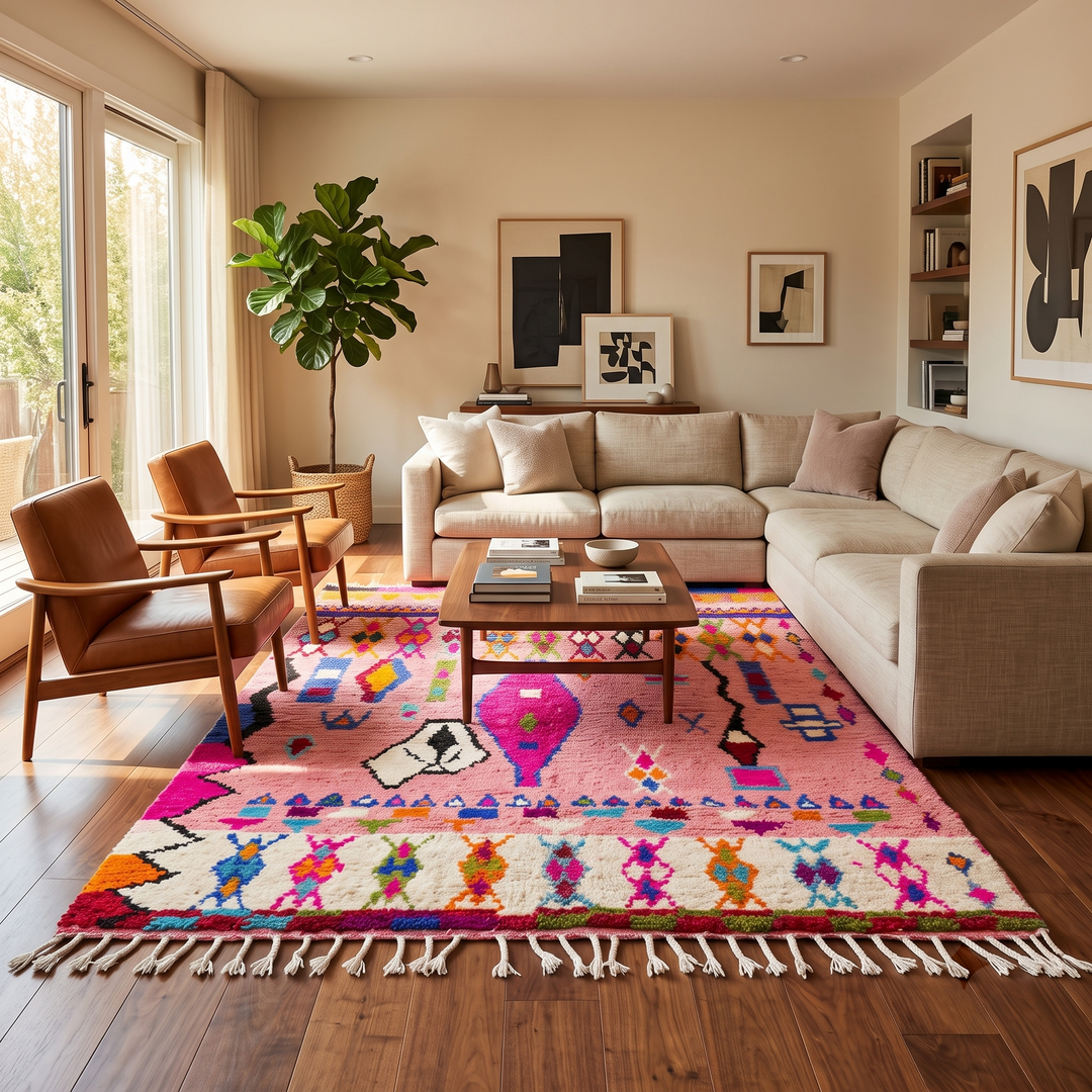 pink handmade moroccan berber rug with geometric tribal patterns in wool
