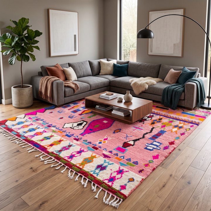 pink handmade moroccan berber rug with geometric tribal patterns in wool
