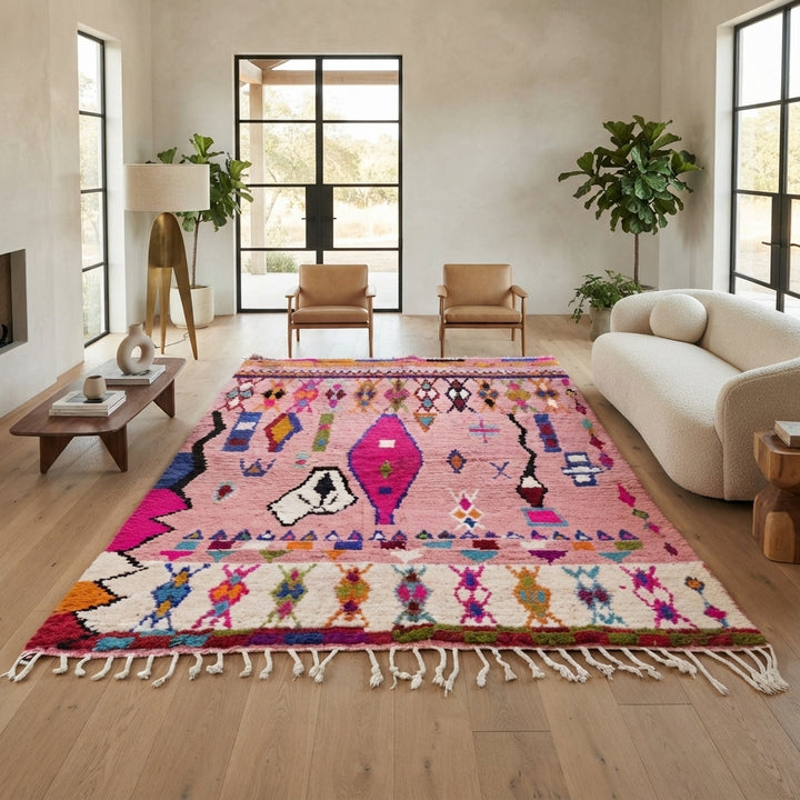 pink handmade moroccan berber rug with geometric tribal patterns in wool
