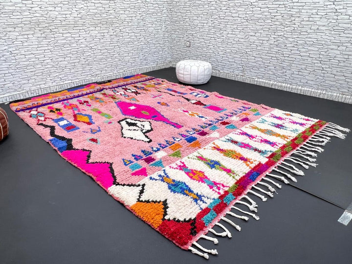 pink handmade moroccan berber rug with geometric tribal patterns in wool