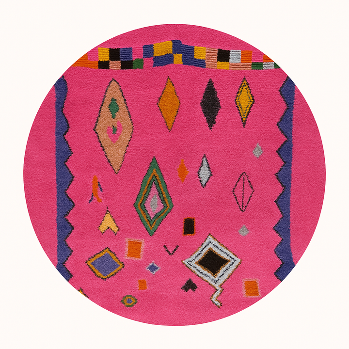 Pink handmade Moroccan round wool rug with colorful Berber tribal geometric patterns
