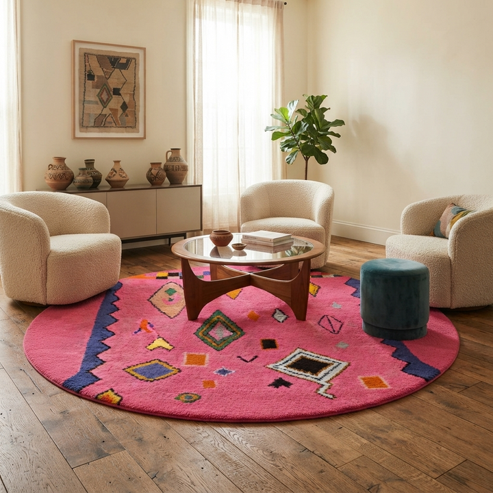 Pink handmade Moroccan round wool rug with colorful Berber tribal geometric patterns