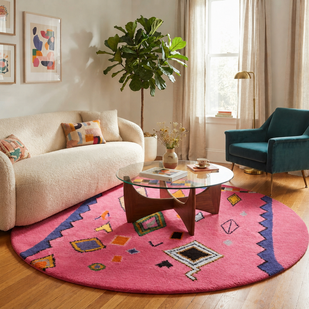 Pink handmade Moroccan round wool rug with colorful Berber tribal geometric patterns