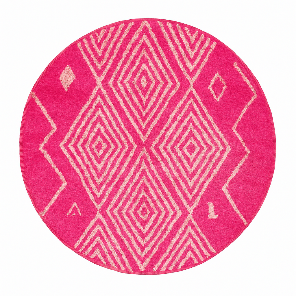 Pink round Moroccan rug with ivory diamond pattern