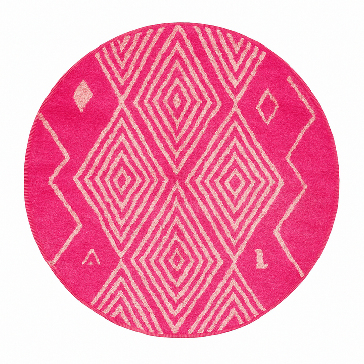 Pink round Moroccan rug with ivory diamond pattern