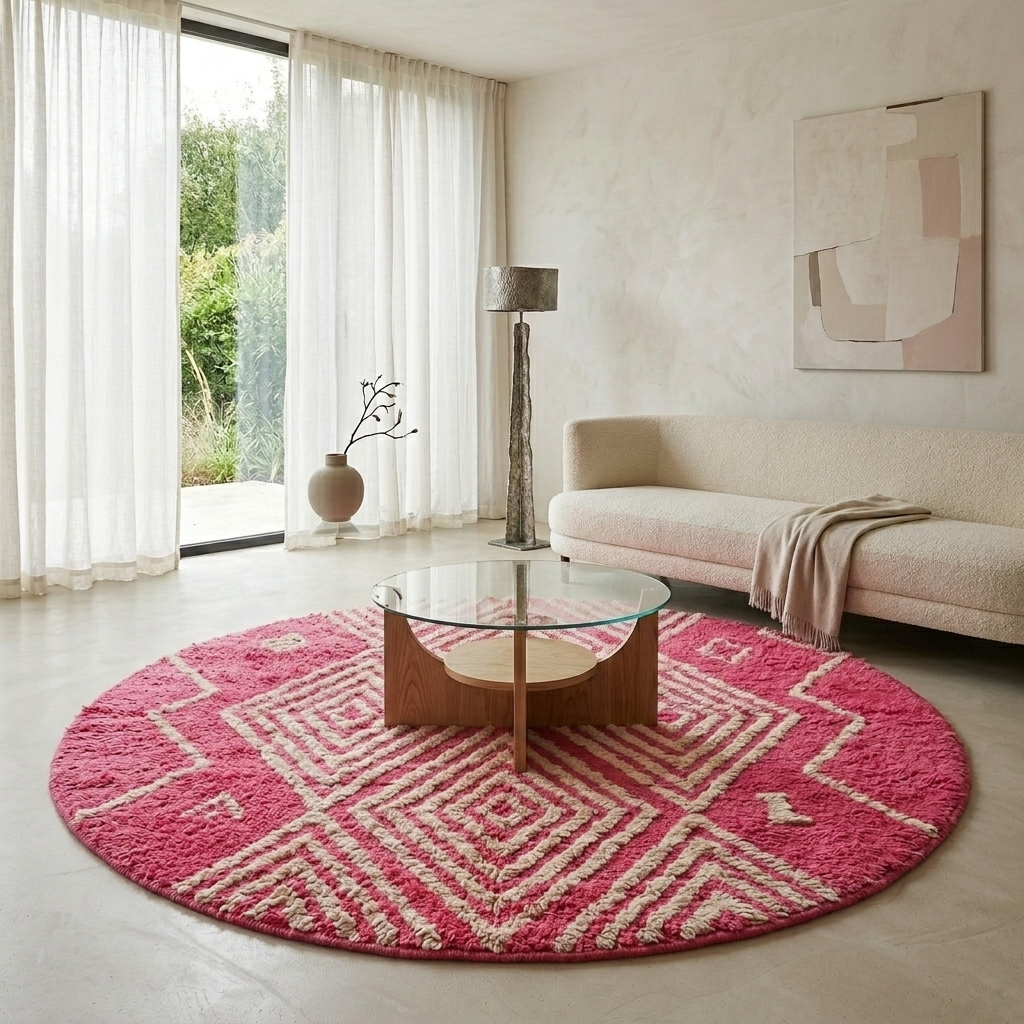 Pink round Moroccan rug with ivory diamond pattern