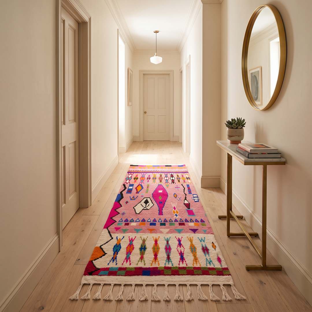 A long woven runner rug with a bright pink and multicolor geometric pattern and white fringe, displayed on a hardwood floor in a bright, modern hallway.