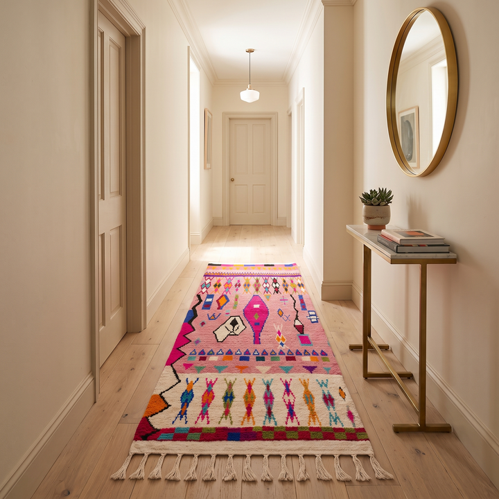 A long woven runner rug with a bright pink and multicolor geometric pattern and white fringe, displayed on a hardwood floor in a bright, modern hallway.