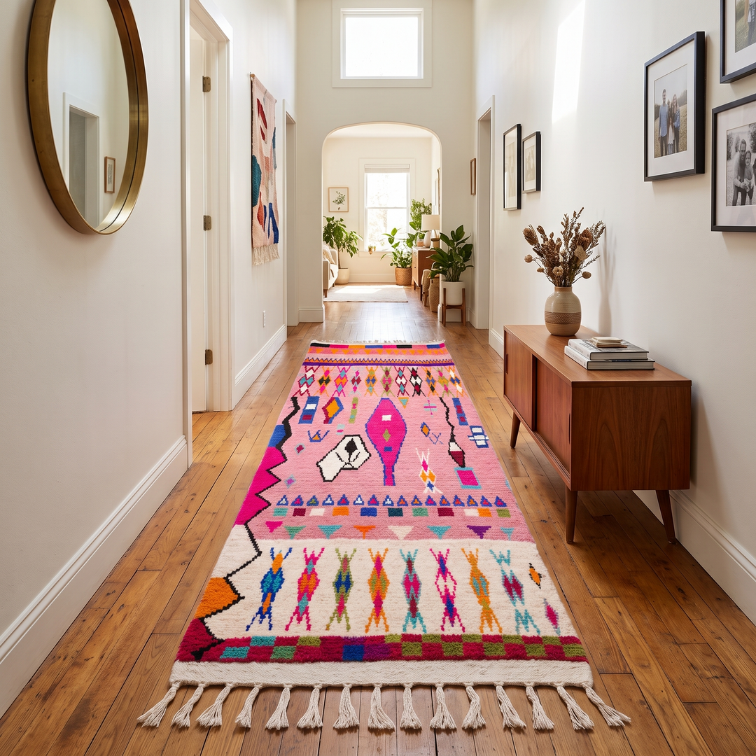A long woven runner rug with a bright pink and multicolor geometric pattern and white fringe, displayed on a hardwood floor in a bright, modern hallway.