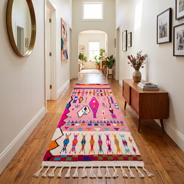 A long woven runner rug with a bright pink and multicolor geometric pattern and white fringe, displayed on a hardwood floor in a bright, modern hallway.