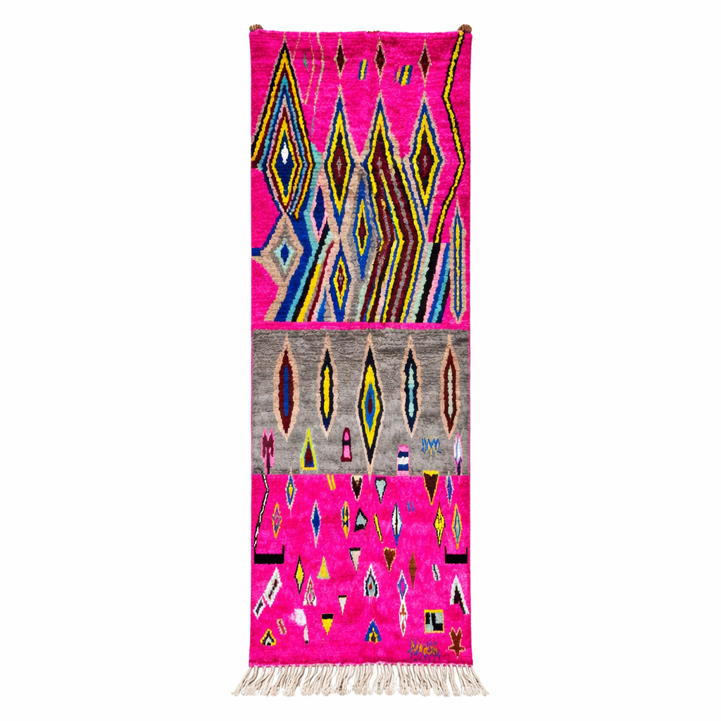 Pink Moroccan runner rug with colorful Berber diamond patterns handmade in wool