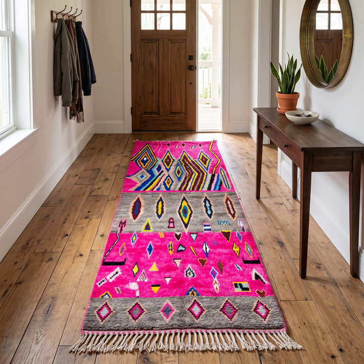 Pink Moroccan runner rug with colorful Berber diamond patterns handmade in wool