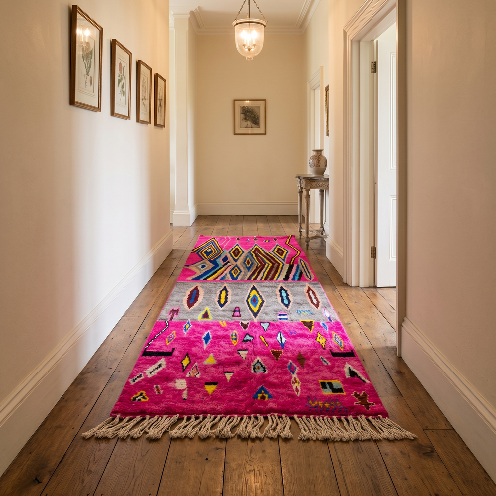 Pink Moroccan runner rug with colorful Berber diamond patterns handmade in wool