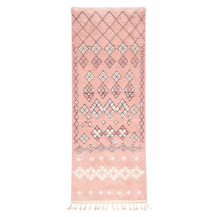 Handwoven pink Moroccan wool runner rug with Berber diamond pattern