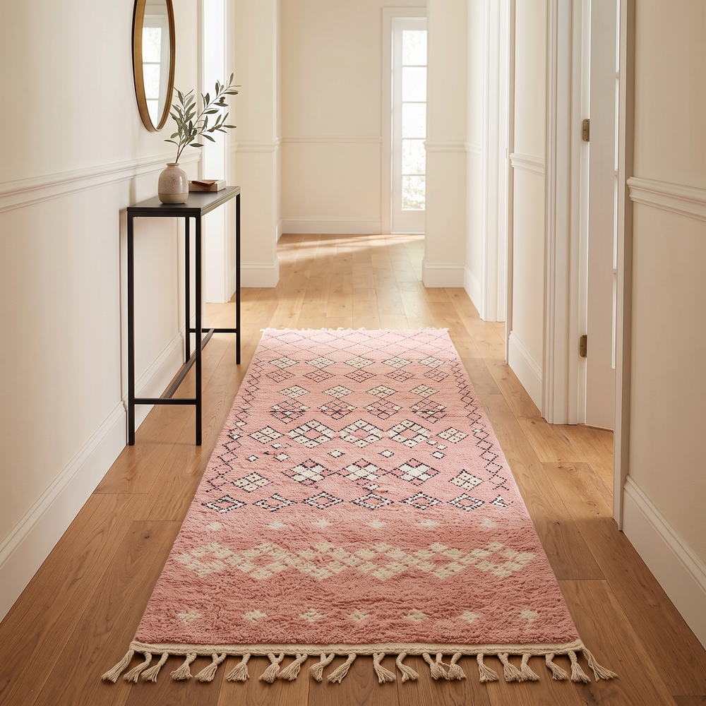 Handwoven pink Moroccan wool runner rug with Berber diamond pattern