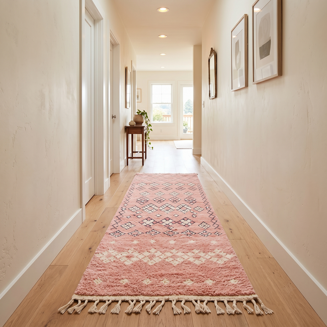 Handwoven pink Moroccan wool runner rug with Berber diamond pattern