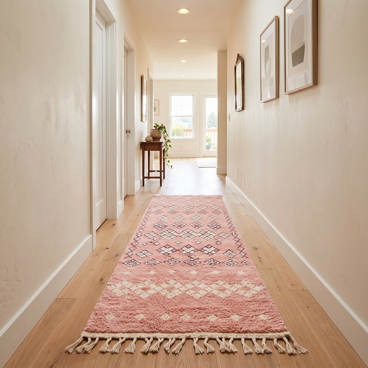 Handwoven pink Moroccan wool runner rug with Berber diamond pattern
