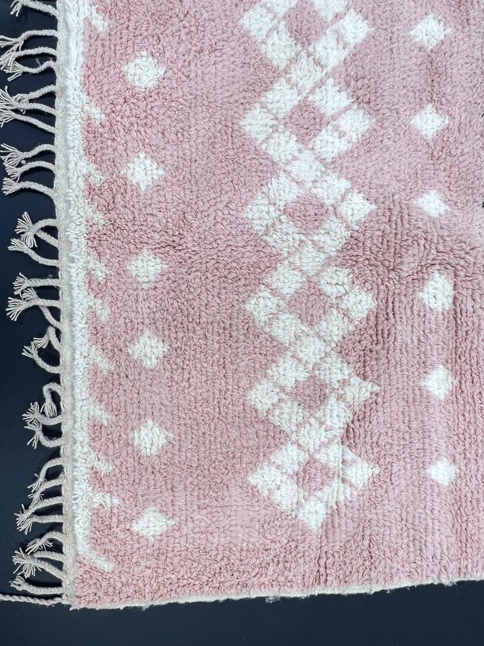 Handwoven pink Moroccan wool runner rug with Berber diamond pattern