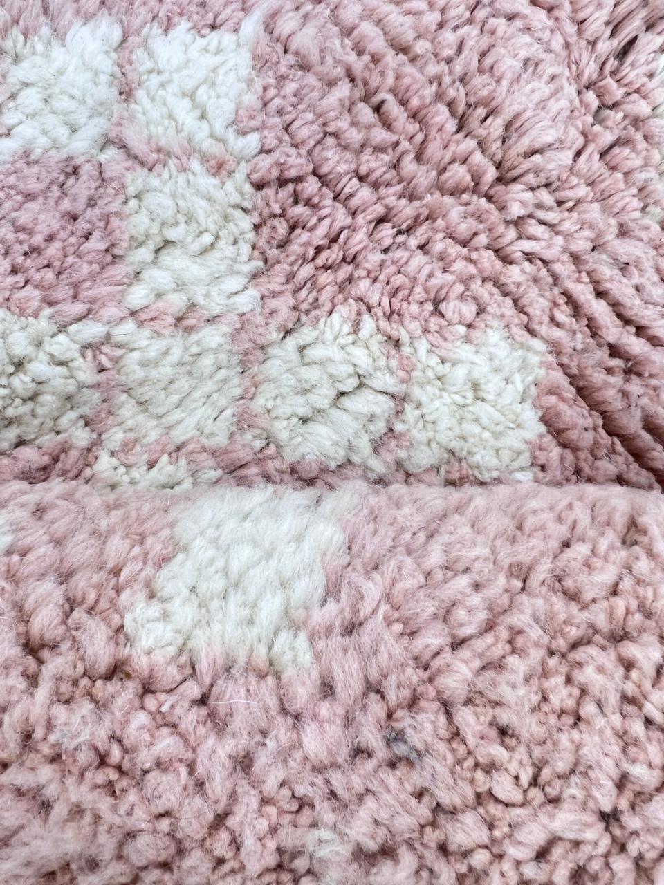 Handwoven pink Moroccan wool runner rug with Berber diamond pattern