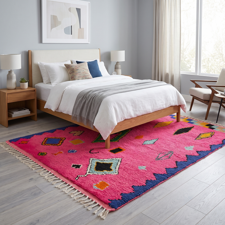 Vibrant pink Moroccan wool rug with colorful Berber motifs. 100% handmade, natural wool, and ethically crafted in Morocco.