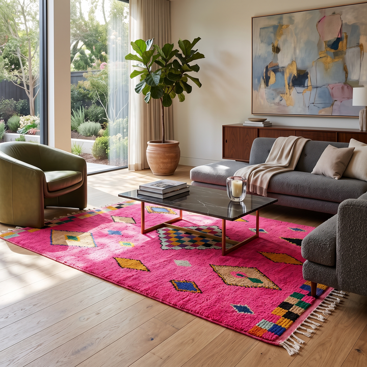 Vibrant pink Moroccan wool rug with colorful Berber motifs. 100% handmade, natural wool, and ethically crafted in Morocco.