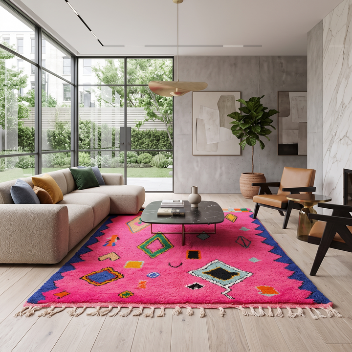 Vibrant pink Moroccan wool rug with colorful Berber motifs. 100% handmade, natural wool, and ethically crafted in Morocco.