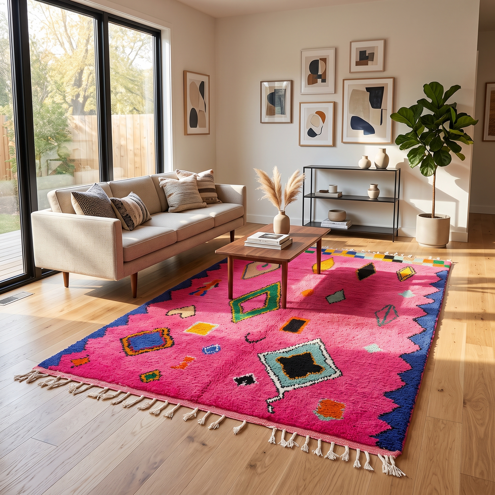 Vibrant pink Moroccan wool rug with colorful Berber motifs. 100% handmade, natural wool, and ethically crafted in Morocco.