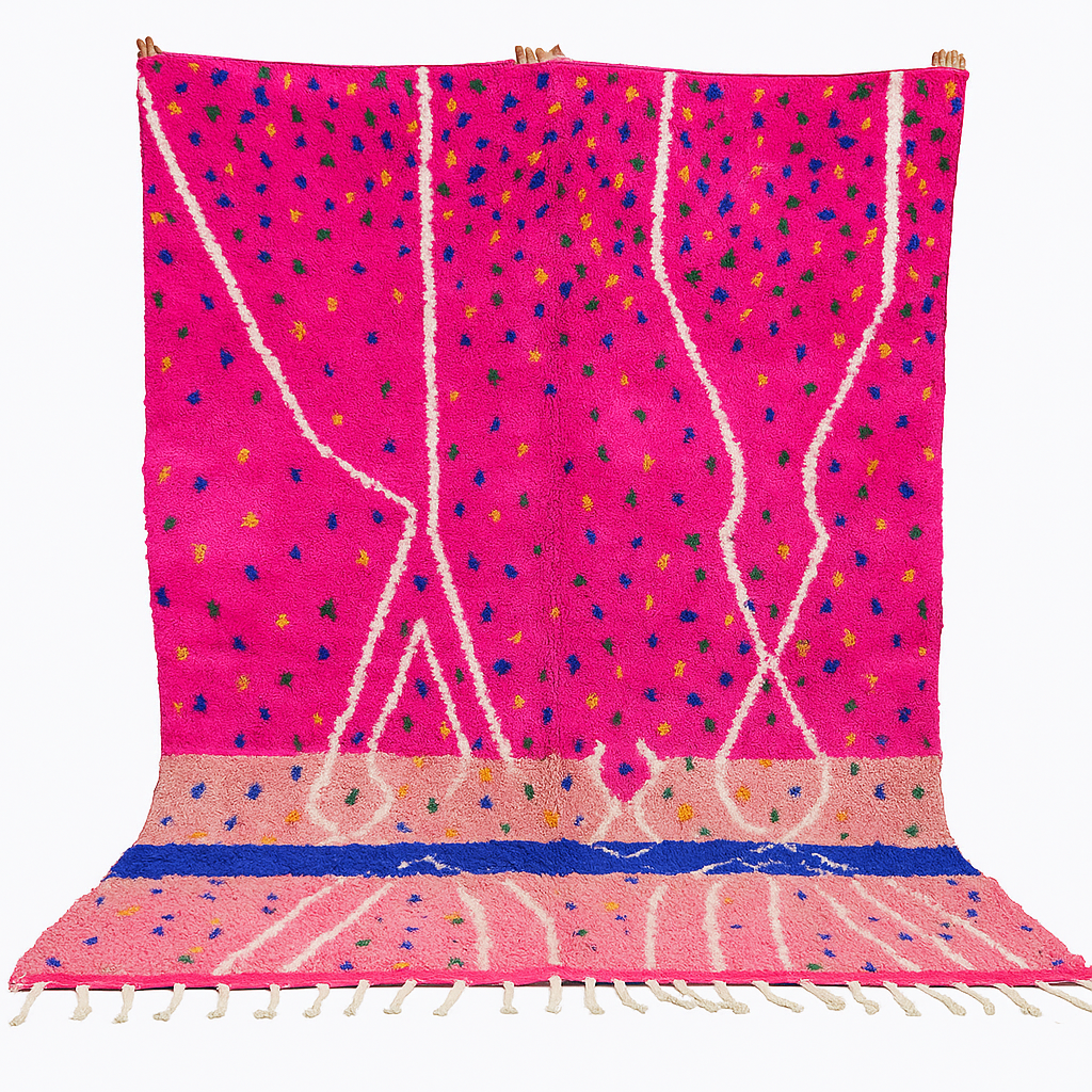 Handmade Moroccan wool rug in bright pink with colorful dotted patterns and white abstract Berber lines