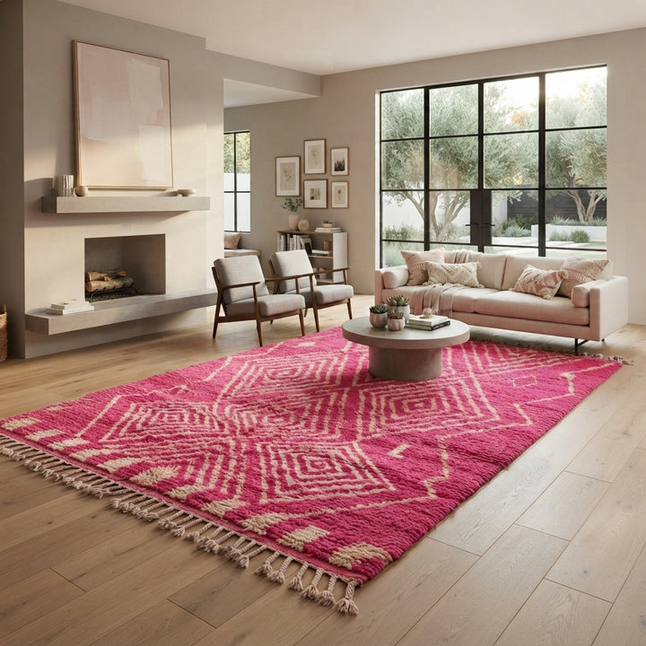 Hot pink Moroccan wool rug with ivory diamond geometric design handmade by Berber artisans
