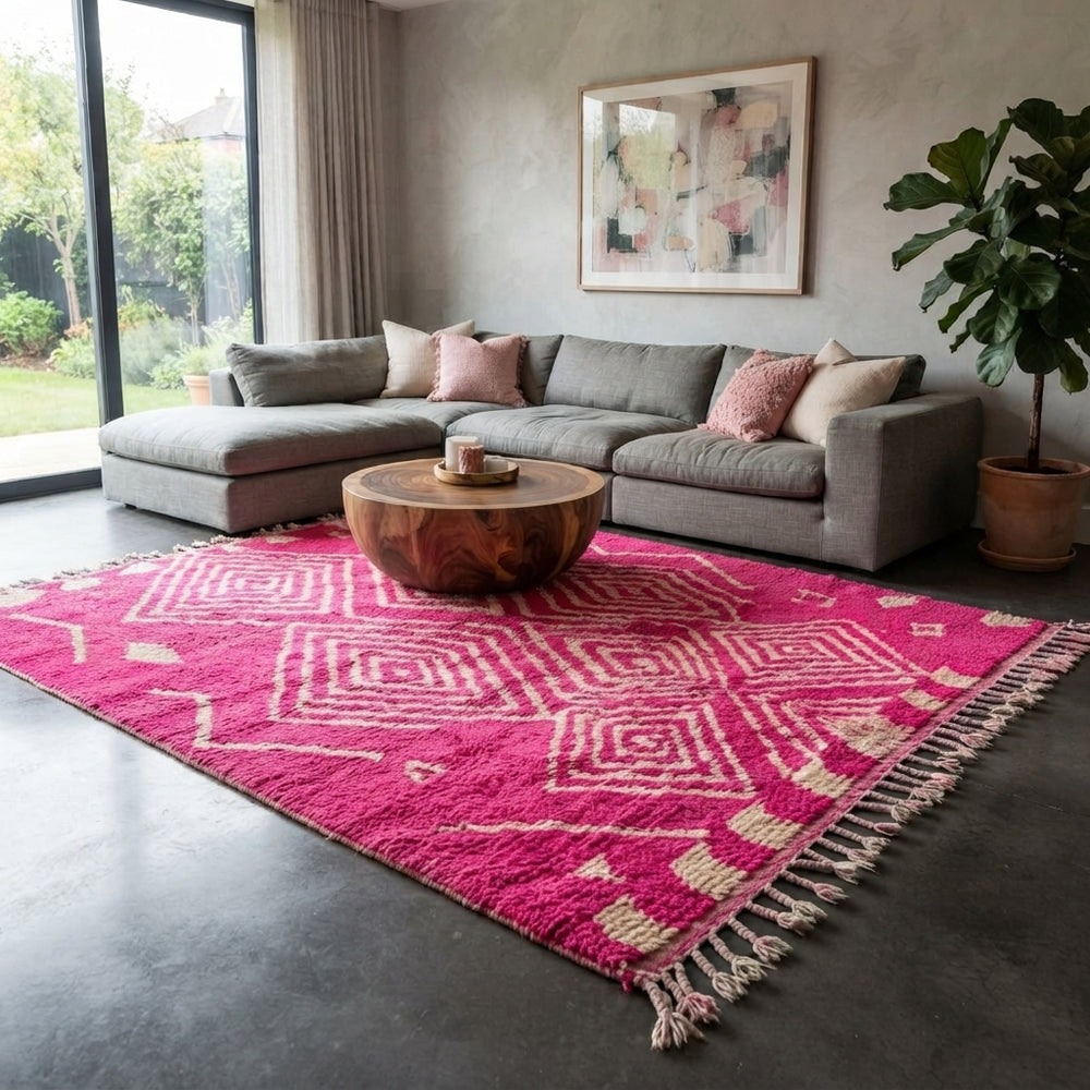 Hot pink Moroccan wool rug with ivory diamond geometric design handmade by Berber artisans
