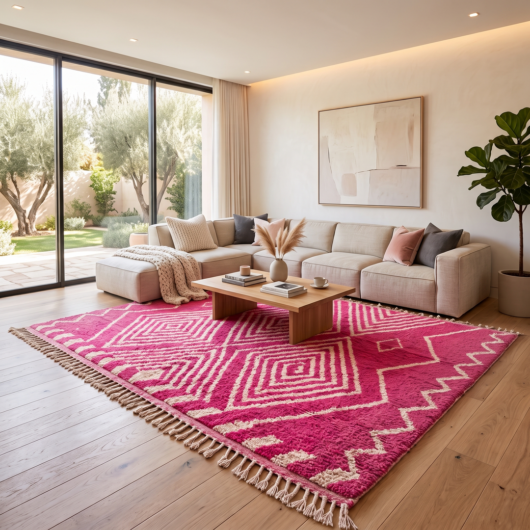 Hot pink Moroccan wool rug with ivory diamond geometric design handmade by Berber artisans
