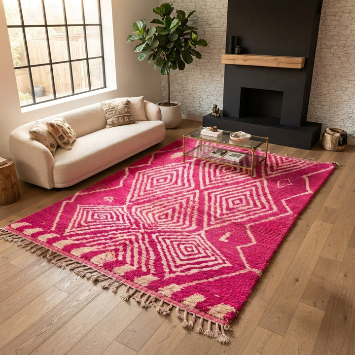 Hot pink Moroccan wool rug with ivory diamond geometric design handmade by Berber artisans
