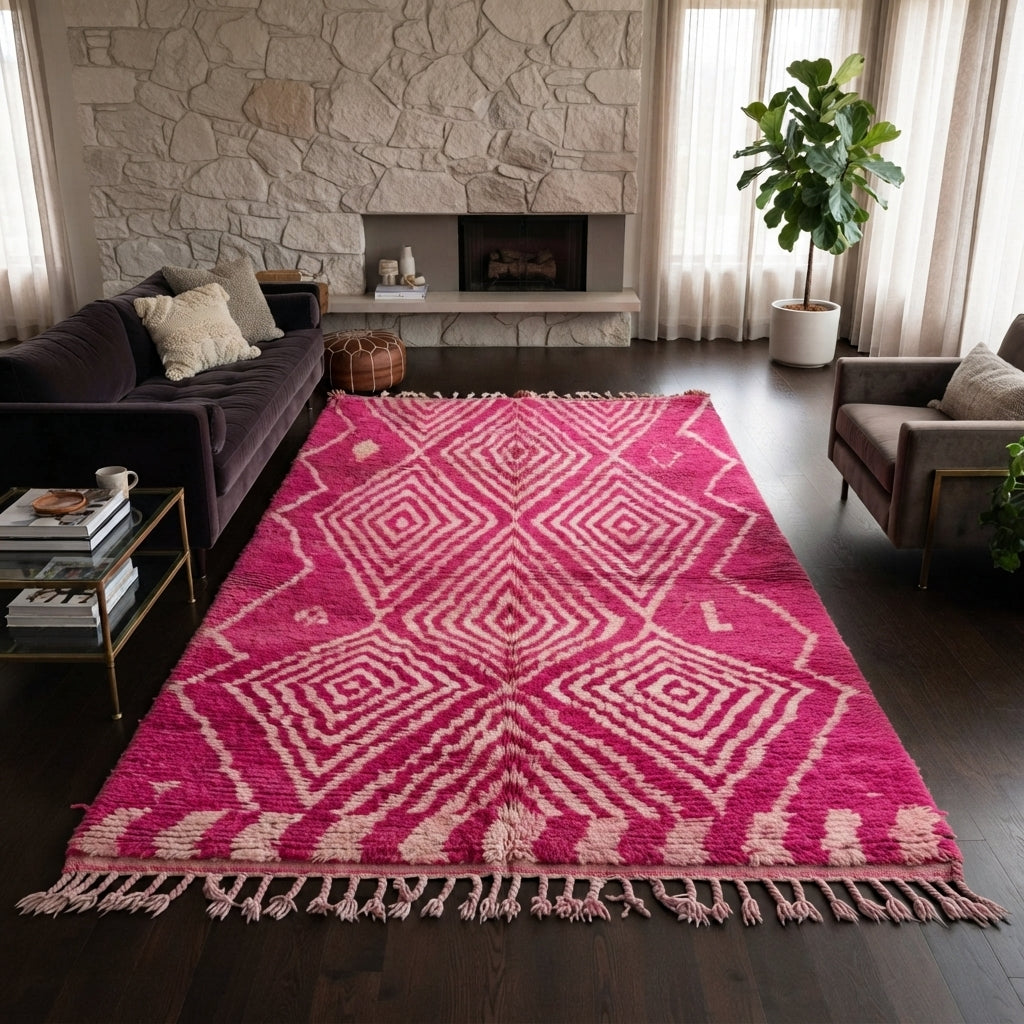 Hot pink Moroccan wool rug with ivory diamond geometric design handmade by Berber artisans
