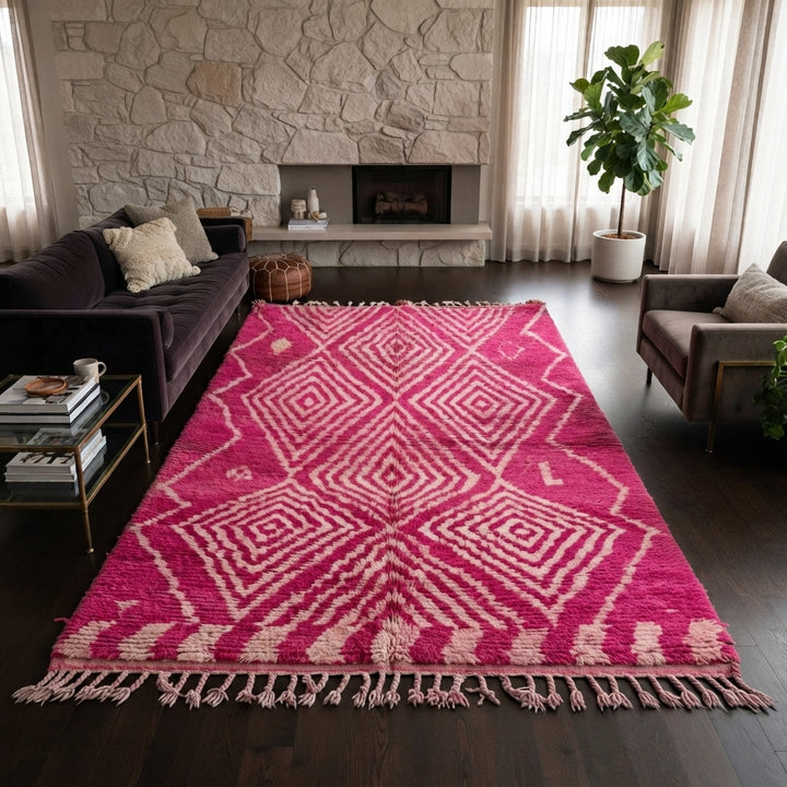 Hot pink Moroccan wool rug with ivory diamond geometric design handmade by Berber artisans
