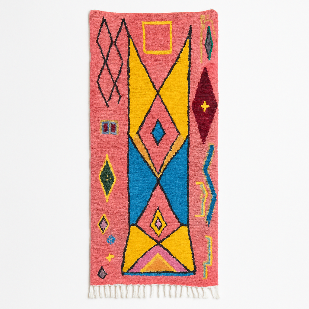 Handmade pink Moroccan wool runner rug with colorful geometric Berber motifs in yellow, turquoise, burgundy, and black
