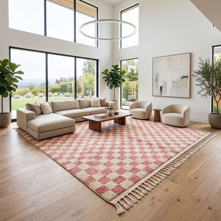 Handmade Moroccan wool rug in pink and cream checkerboard pattern – Berber shag rug
