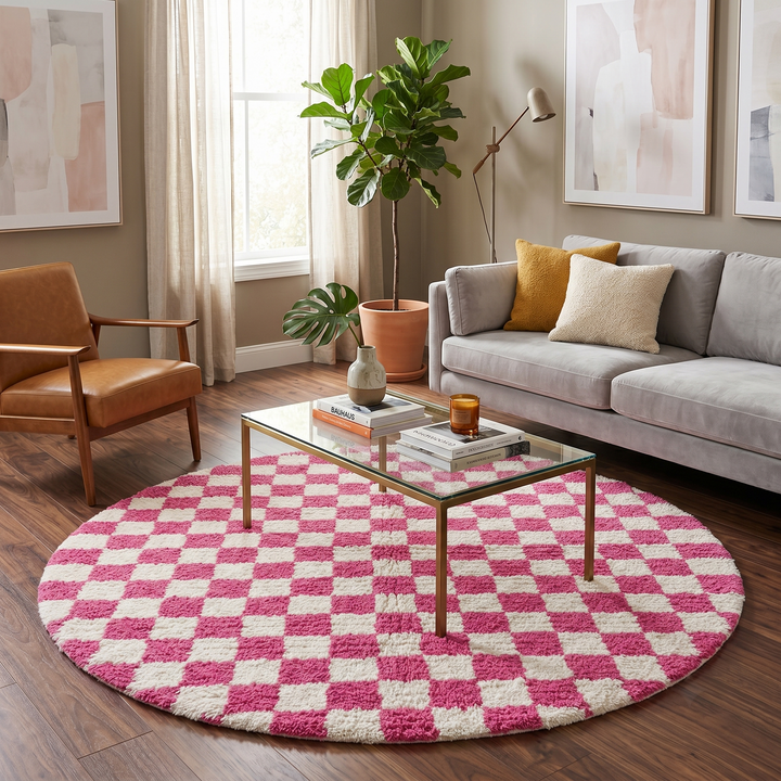 Handmade round Moroccan wool rug with pink and white checkerboard pattern and plush shag texture