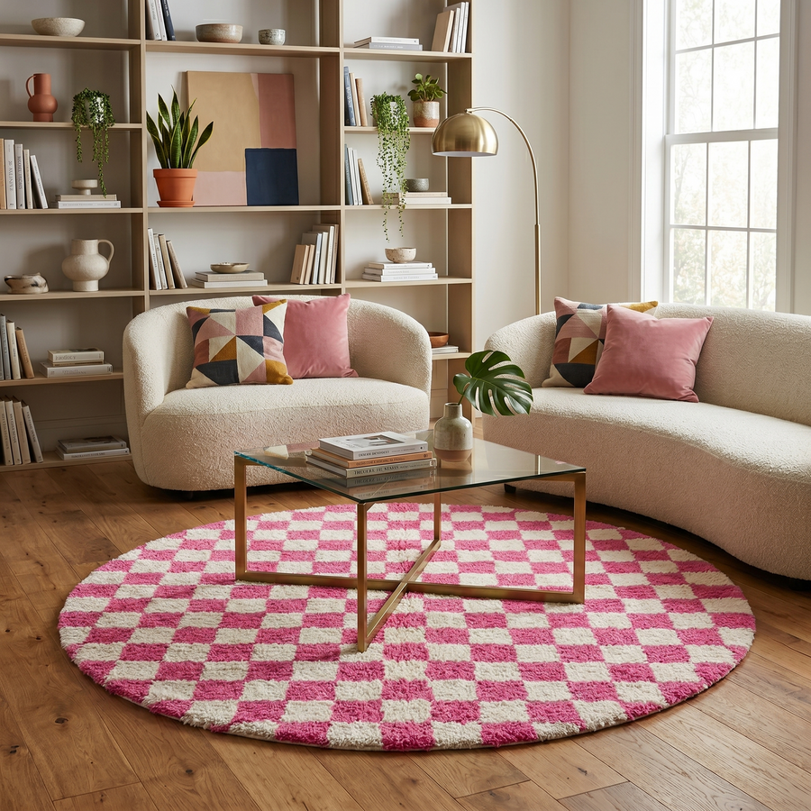Handmade round Moroccan wool rug with pink and white checkerboard pattern and plush shag texture
