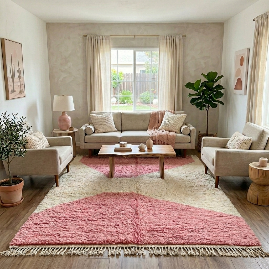 Pink and cream Moroccan wool rug with modern geometric design
