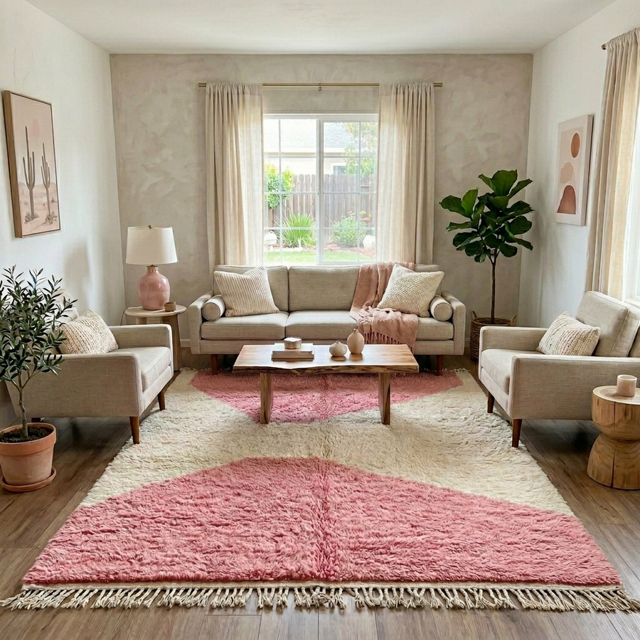 Pink and cream Moroccan wool rug with modern geometric design