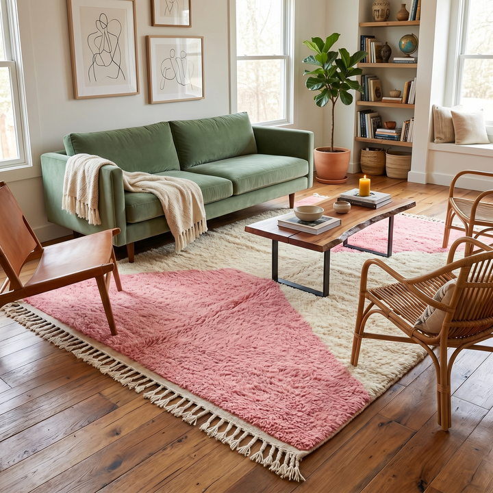 Pink and cream Moroccan wool rug with modern geometric design