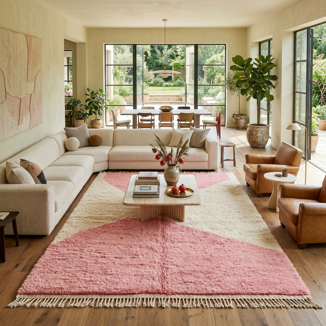 Pink and cream Moroccan wool rug with modern geometric design
