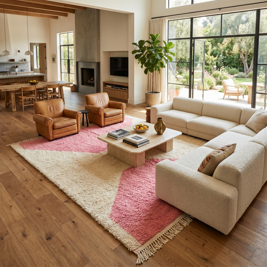 Pink and cream Moroccan wool rug with modern geometric design