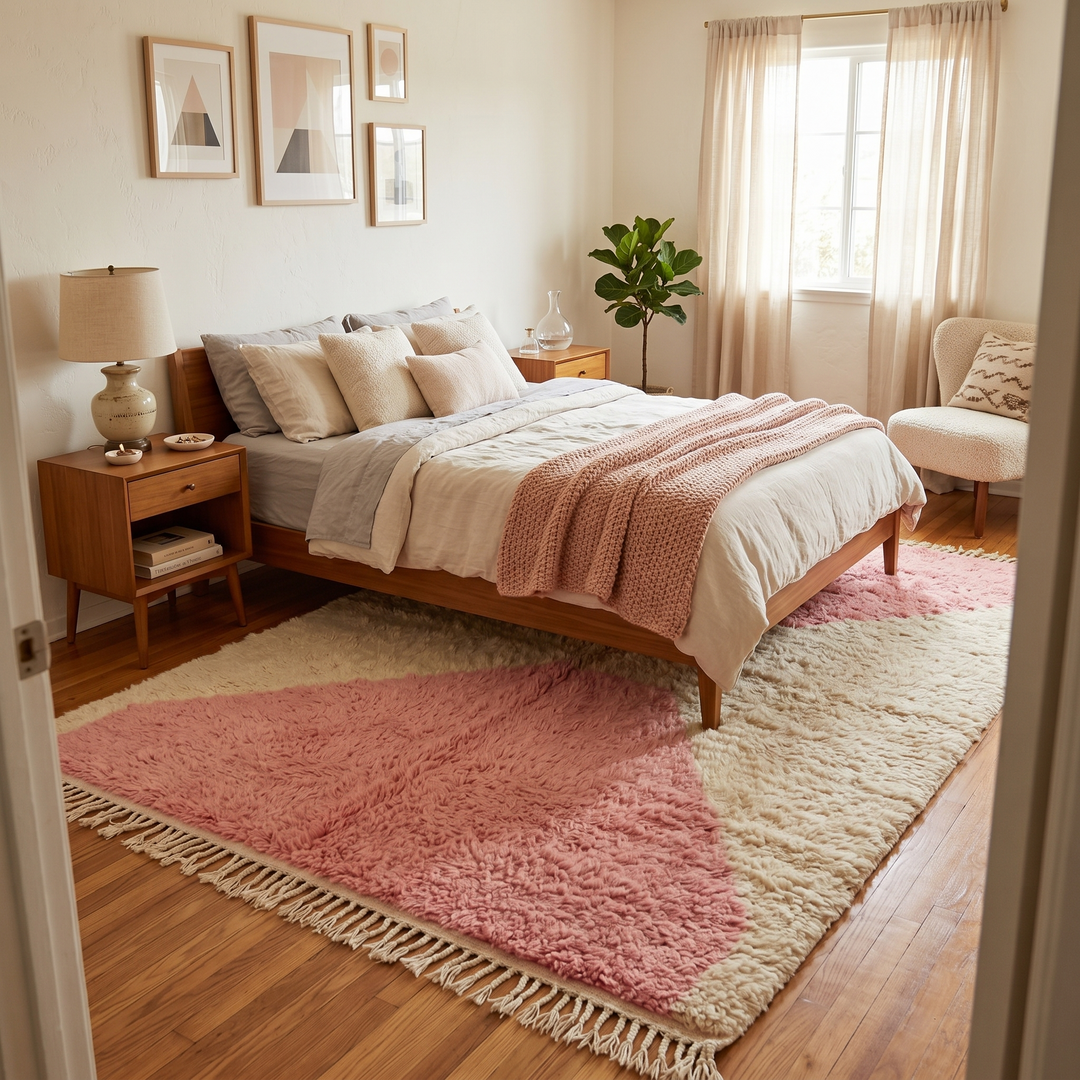 Pink and cream Moroccan wool rug with modern geometric design