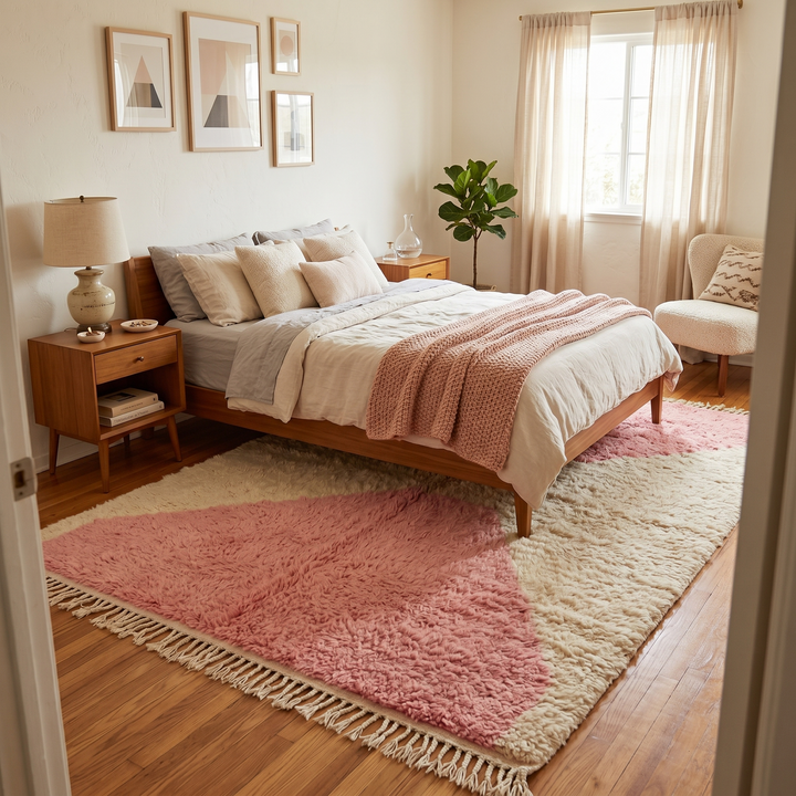 Pink and cream Moroccan wool rug with modern geometric design