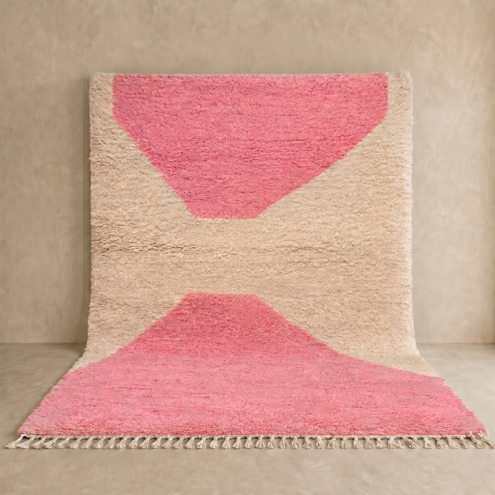 Pink and cream Moroccan wool rug with modern geometric design