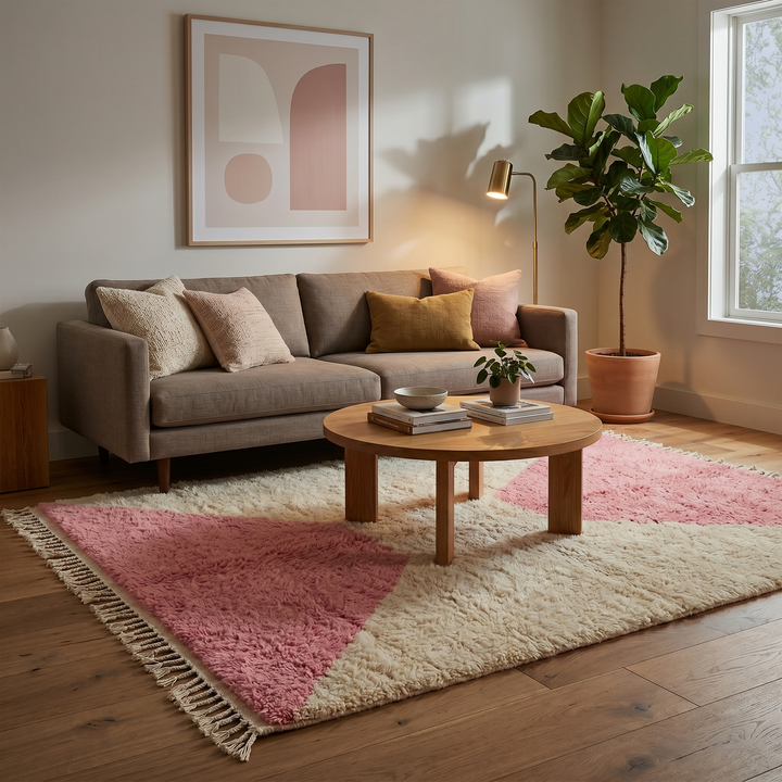 Pink and cream Moroccan wool rug with modern geometric design